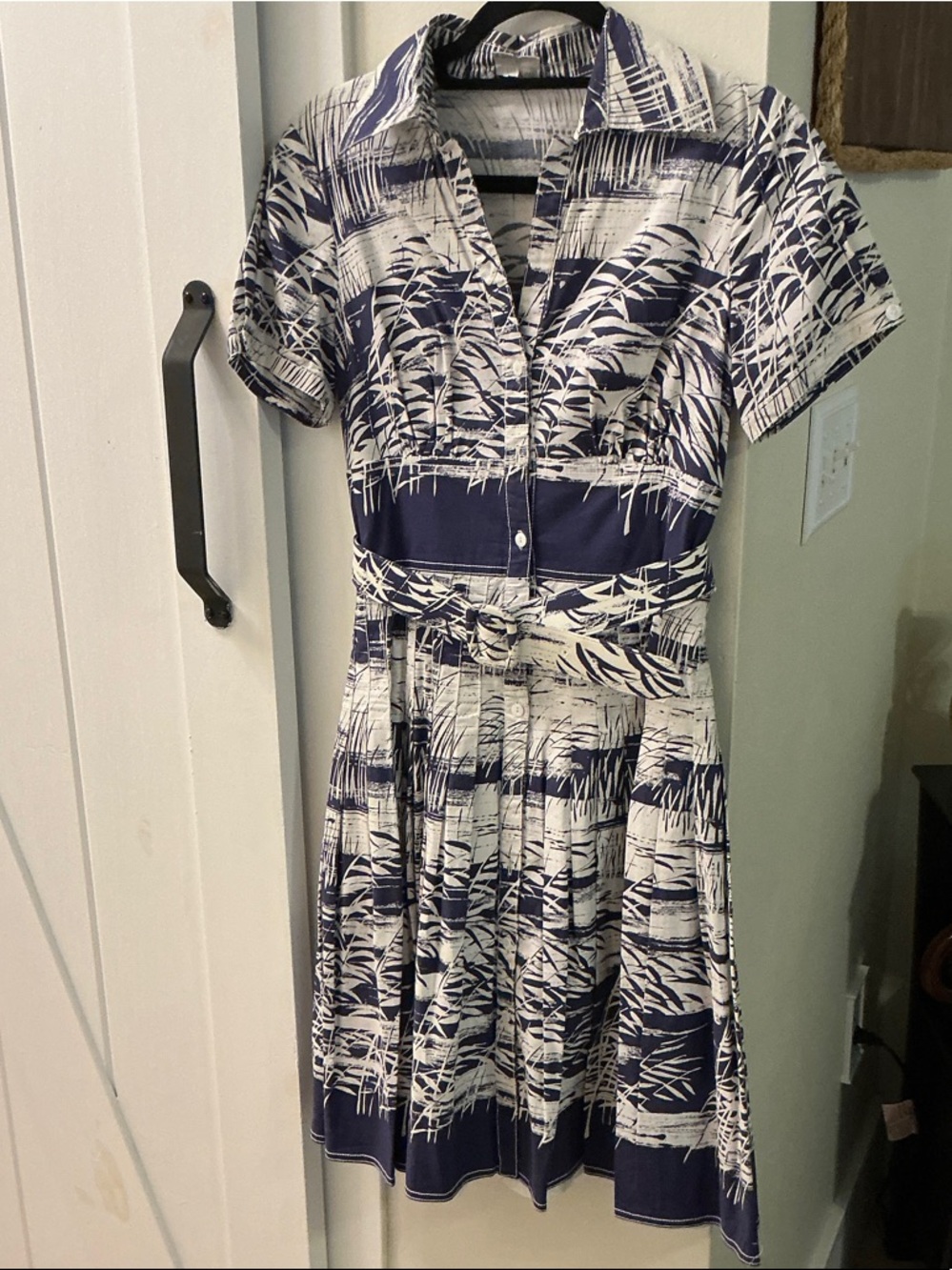 Kay Unger Navy and White Printed Shirt Dress